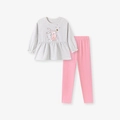 Mädchen Set mit grauem Hasen-Langarmshirt und rosa Leggings mit goldenen Sternen - 2Y(90cm) / Hasendruckstil (2097)