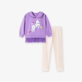 Meisjesset met paarse sweatshirt met eenhoornborduursel en crèmekleurige broek - 2Y(90cm) / Paarse Outfit (2085)