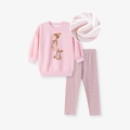 Pink toddler fleece lounge set featuring cartoon sweatshirt and striped pants - Pink (Fleece Lined) / 6Y(130cm)