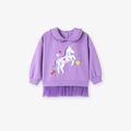 Paarse meisjessweatshirt met eenhoornborduursel, rucheskraag en tule zoom voor de herfst - 2Y(90cm) / Paarse Enkele Sweatshirt (2085T)