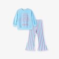 Toddler set with light blue turtle sweatshirt and purple green striped flared pants - Light Blue Turtle Top and Striped Flare Pants Outfit