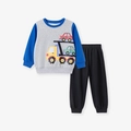 Toddler boys long-sleeve sports set with cartoon transport truck print in blue and grey - 2Y(90cm) / Gray Patchwork (2082)