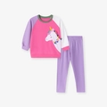 Meisjes trainingspak met eenhoorn-patchwork sweatshirt en paarse broek, lange mouwen - 2Y(90cm) / Eenhoorn Applicatie Patchwork Set (2153)