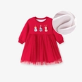 Girls red Christmas dress with snowman embroidery and warm fleece lining detail - Christmas Snowman Deer Applique Dress (s3085) / 2Y(90cm)