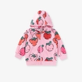 Felpa rosa con cappuccio e zip per bambine con stampe di fragole e mele all-over - 2Y(90cm) / Felpa con Cappuccio Rosa Stampa Fragola Mela (FC001)