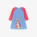 Blauwe polkadots jurk voor meisjes met roze mouwen en een schattig konijnenborduur - 2Y (90cm) / Blauw Stippen (s3126)