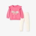 Ensemble sweat-shirt rose à broderie papillon et leggings blancs côtelés pour fille - 2Y(90cm) / Rose/Blanc