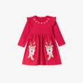 Robe rouge à pois pour fille avec broderie renne et volants sur les épaules - Renne Rouge à Pois (s3089) / 2Y(90cm)