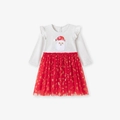 Abito di Natale per bambina con ricamo Babbo Natale e gonna in tulle rosso con paillettes - 2Y(90cm) / Grigio Rosso Splicing (s3196)