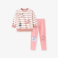 Pink and white striped Christmas girls pajamas with reindeer and tree patches - Pink White Striped Sweatshirt and Pink Pants Outfit (2102) / 2Y(90cm)