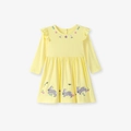 Abito giallo a maniche lunghe per bimba con pois bianchi e ricamo a fiori e coniglio - 2Y(90cm)