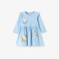 Abito a maniche lunghe azzurro per bambine con pois bianchi e ricami di coniglietto - 7A(140cm) / Celeste Pois Ricamo Coniglio (s3150)