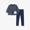 Meisjes herfstset met marineblauw gestreepte peplum top en bijpassende donkerblauwe legging - 6Y(130cm) / Gestreepte Top en Broek Set (2093)