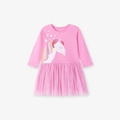 Roze meisjesjurk met lange mouwen, eenhoornprint en glitter tule rok - 2Y(90cm) / Lange Mouw Eenhoorn Gaas Stijl / Roze