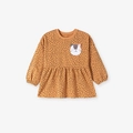 Top bambina color caramello a maniche lunghe con pois neri e ricamo a gatto - 3Y(100cm) / Felpa Gatto Cartone Animato Pois (2103T)