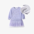 Lilafarbenes Langarmkleid für Mädchen mit Fleece-Futter, Tutu-Rock und goldenen Sternen - 2Y(90cm) / Lila (Fleecegefüttert)