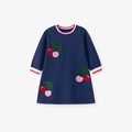Abito bambina linea A blu scuro a maniche lunghe con polsini a righe e ricamo ciliegia - Blu navy / 2Y(90cm)