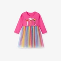 Abito bambina a maniche lunghe con toppa natalizia e gonna in tulle arcobaleno - 2Y(90cm) / Rosa Rosa Con Maglia Arcobaleno (S3130)