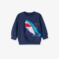 Navy blue cotton sweatshirt for boys featuring a cartoon shark embroidery patch - 2Y(90cm) / Navy Blue Shark Sweatshirt (2135T)