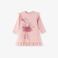 Roze katoenen meisjesjurk met lange mouwen en een 3D-tule ballerina grafische print - 2Y(90cm) / Roze (S3131)