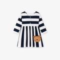 Abito a righe a maniche lunghe per bambina con graziosa toppa a forma di orso - Blu Navy Bianco Rigato (S3178) / 2Y(90cm)