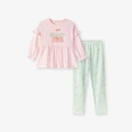 Roze top met lange mouwen en vlinderborduurwerk met groene broek met bloemenprint - Roze Vlinder Top En Bloemen Broek / 2Y(90cm)