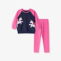 Ensemble deux pièces en coton rose et marine pour enfants avec motif licorne - 2Y(90cm) / Tenue Licorne Bleu Marine (C080)