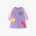 Abito viola linea A per bambine con maniche a righe e ricami di gatti cartoni animati - 2Y(90cm) / Viola (S3135)