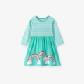 Meisjesjurk met lange mouwen van gestreept katoen met regenboog- en wolkenprints - 2Y(90cm) / Muntgroen Gestreepte Regenboog Stijl (S3173)