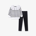Set bambina in cotone a righe con colletto in pizzo e leggings neri - Righe Bianche e Nere (2106) / 2Y(90cm)