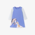 Vestido morado de manga larga para niña con rayas azules y diseño de caballos - 2Y(90cm) / Estilo Pony Rayas Púrpura (S3189)