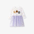 Langärmliges Mädchenkleid mit Punkten, Mond-Stickerei und lila Tüllrock aus Netzstoff - Weiß Lila Mesh Stil (S3185) / 2Y(90cm)