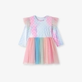 Robe à manches longues pour filles avec imprimé écailles et jupe en tulle coloré - Robe Arc-en-ciel Écailles Dégradées (S3202) / 2Y(90cm)