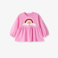 Pink long-sleeved girls rainbow sweatshirt dress with ruffled applique and pleated skirt - 2Y(90cm) / Pink Long Sleeve Sweatshirt (2167T)
