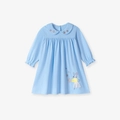 Hellblaues Mädchen Langarm-Baumwollkleid mit Peter-Pan-Kragen und Mäuse-Stickerei - 2 Jahre (90cm)