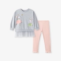 Mädchen Herbst-Set mit grauem Hasen-Sweatshirt und rosa gerippter Hose mit Rüschen - 2Y(90cm) / Graues Hasen-Oberteil und rosa Hosen-Set (2120)