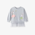 Mädchen Langarm-Sweatshirt-Kleid in Grau mit 3D-Netzhasen- und Mauskarton-Motiven - 2Y(90cm) / Graues Hasen-Netz-Patchwork-Top-Kleid (2120T)