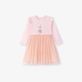 Pink long-sleeve girls' dress with rabbit print and golden polka dot mesh skirt - 2Y(90cm) / Pink (S3198)