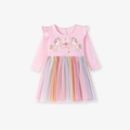 Abito rosa in cotone per bambine con ricamo unicorno e gonna in tulle arcobaleno - 2Y / Rosa (S3210)