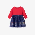 Meisjesjurk met rode lange mouwen en donkerblauwe tule rok met glinsterende sterren print - 2Y(90cm) / Rood en Blauw (s3201)