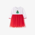 Christmas girl dress with white polka dot bodice, holiday tree embroidery and red tulle skirt - S3187 / 7Y(140cm)
