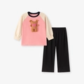 Meisjes katoenen lounge set met een 3D teddybeer patch en stijlvolle raglanmouwen - 2Y(90cm) / Tweeledige Outfit (2172)