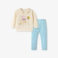 Completo bambina con felpa beige ricamo topo e leggings blu a fiori due pezzi - 7A(140cm) / Top Beige Ricamato Topo + Pantaloni Floreali Blu (2116)