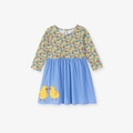 Girls long sleeve floral patchwork dress in sky blue with cute chick embroidery - 2Y(90cm) / Floral Print Patchwork Blue