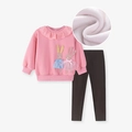 Toddler girls winter set with pink rabbit sweatshirt and fleece-lined black leggings - 2Y(90cm) / Pink Top And Black Pants