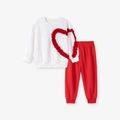 Ensemble automne fille avec haut blanc à cœur 3D rouge et pantalon de jogging rouge - 2Y(90cm) / Style Cœur Blanc Rouge (K2073)