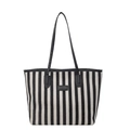 Grote gestreepte canvas tote bag met zwart kunstlederen handvatten en centrale patch - Zwart