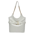 Bolso tote grande blanco crema con hebilla de cinturón y correa de cadena dorada - Blanco