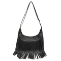 Retro black litchi pattern leather shoulder bag with long tassel and adjustable strap - Black / 22*26*6.5
