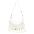 White boho fringe hobo bag in pebbled faux leather with gold zipper for women - Ivory / 22*26*6.5